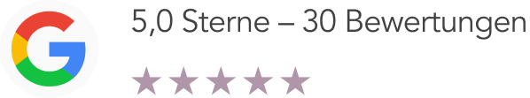 Google-Logo neben dem Text "5,0 Sterne - 30 Bewertungen" mit fünf lilafarbenen Sternen, die eine perfekte 5-Sterne-Bewertung aus 30 Bewertungen anzeigen.