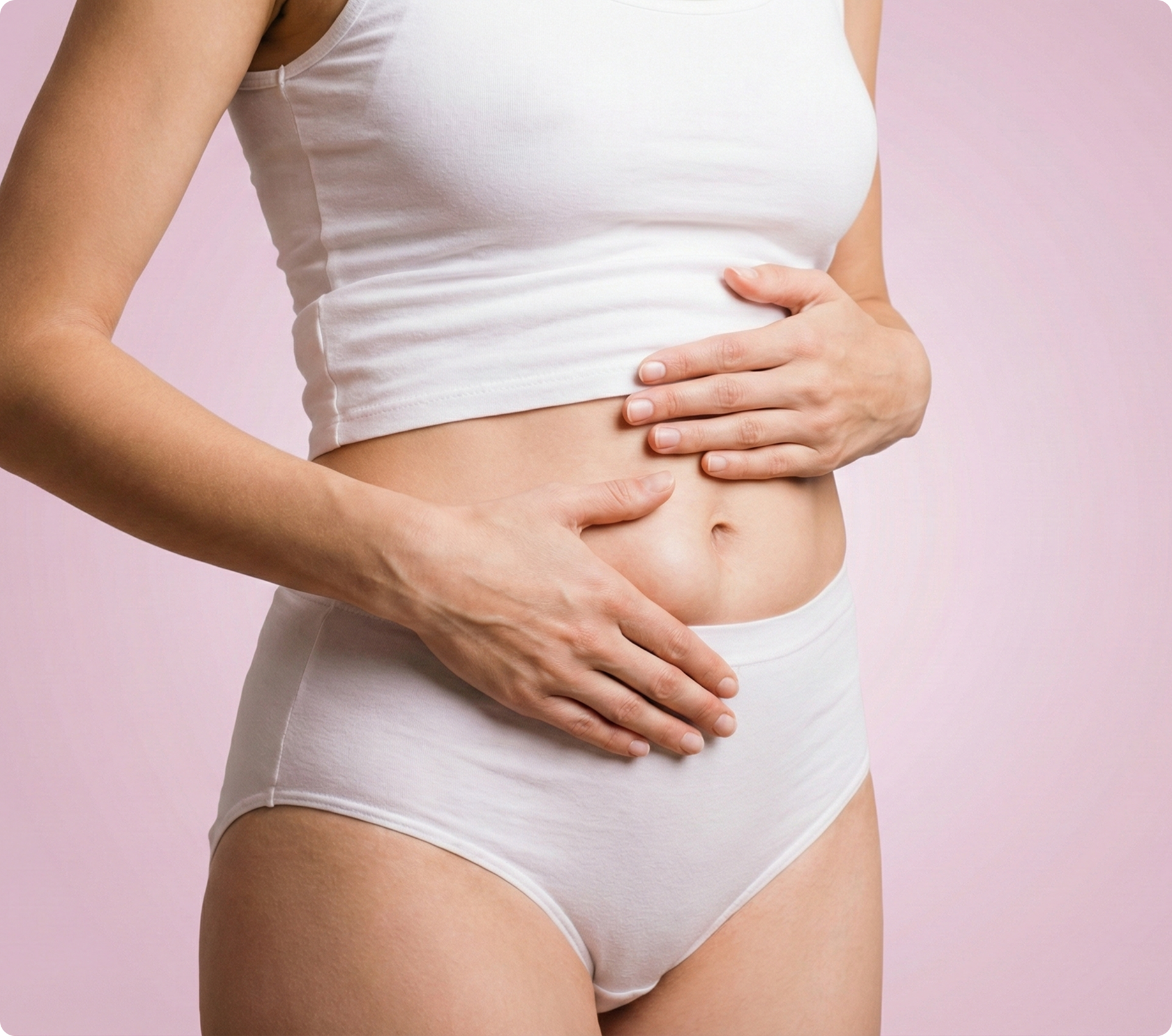 Frau in weißer Unterwäsche und Tanktop, die ihre Hände auf den Bauch legt, vor einem rosa Hintergrund.