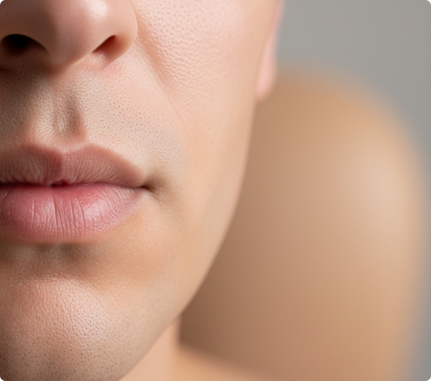 Nahaufnahme der unteren Gesichtshälfte einer Person, die die Nase, die Lippen und einen Teil des Kinns mit glatter Haut und neutralem Ausdruck zeigt.