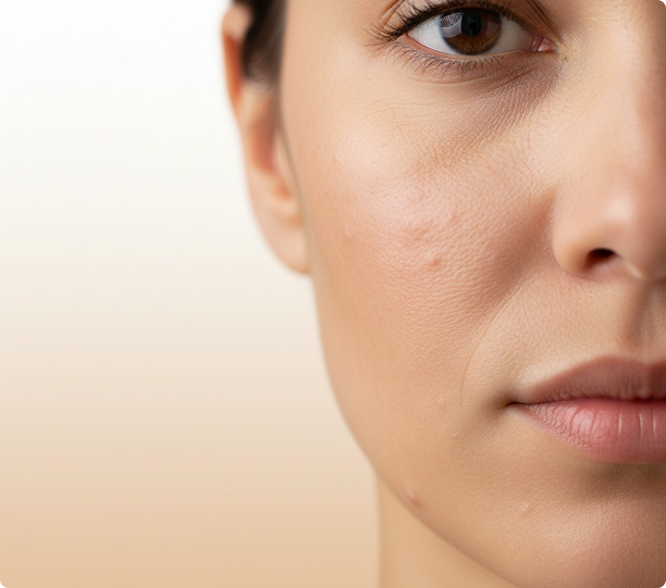 Nahaufnahme eines Frauengesichts mit Schwerpunkt auf Wange, Auge und Lippen, die die natürliche Hautstruktur und kleinere Unreinheiten vor einem weichen, neutralen Hintergrund zeigen.