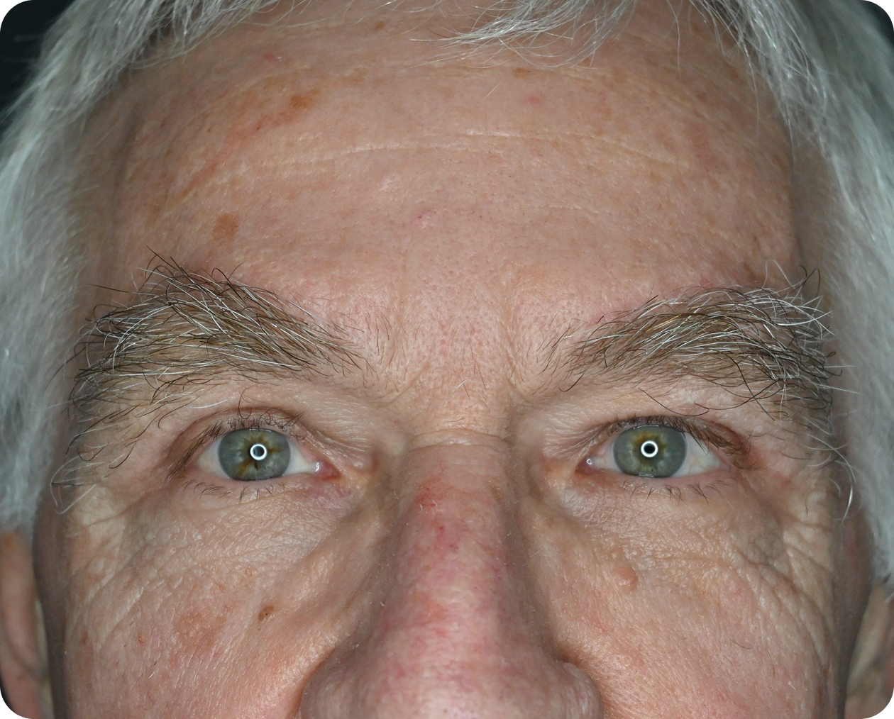Nahaufnahme des Gesichts eines älteren Mannes, mit Schwerpunkt auf den grünen Augen, den buschigen Augenbrauen und der faltigen Haut.