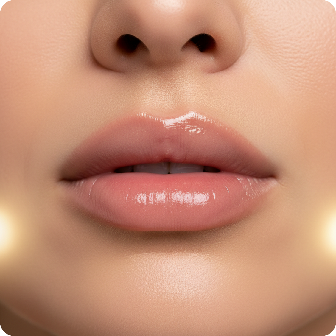 Nahaufnahme der Lippen und des Untergesichts einer Person mit glatter Haut und glänzender Lippenfarbe, mit Lichtreflexen auf beiden Wangen.