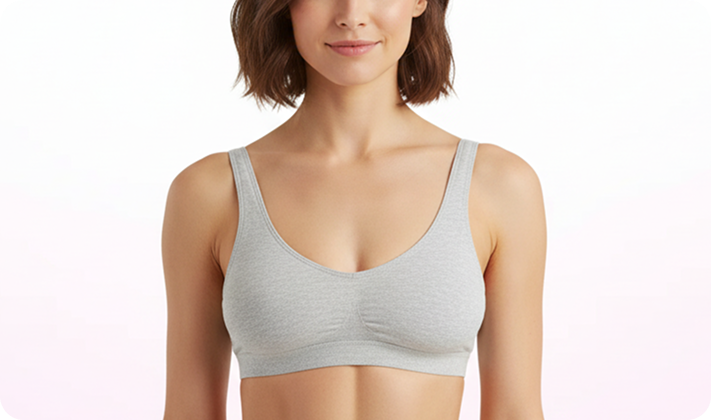 Eine Frau mit kurzen braunen Haaren trägt einen hellgrauen, nahtlosen Bralette mit Rundhalsausschnitt. Der Hintergrund ist ein weicher Farbverlauf aus Weiß und Hellrosa.