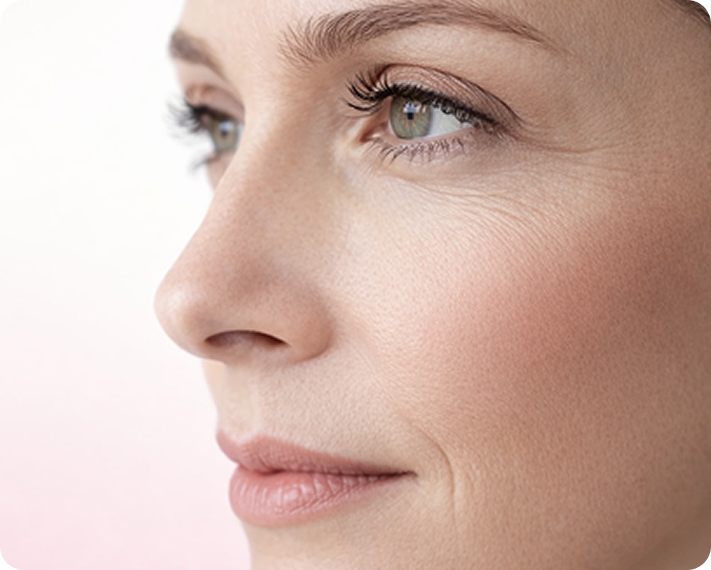 Nahaufnahme eines Frauengesichts mit glatter Haut, natürlichem Make-up und feinen Linien um die Augen, vor einem Hintergrund mit weichem Licht.