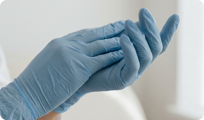 Eine Person zieht blaue Einweghandschuhe an und bereitet sich wahrscheinlich auf ein medizinisches oder sauberes Verfahren vor.