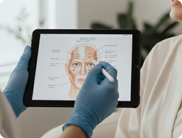 Eine Person mit blauen Handschuhen hält ein Tablet, auf dem ein Diagramm der Gesichtsmuskeln abgebildet ist, während sie mit einem Stift darauf zeigt.