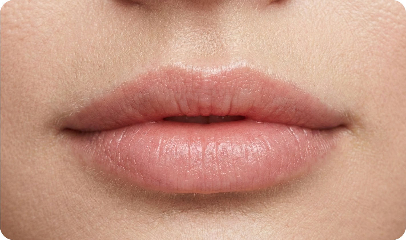 Nahaufnahme der Lippen einer Person und eines Teils ihres Gesichts, die die natürliche Hautstruktur und die hellrosa Lippenfarbe zeigen.