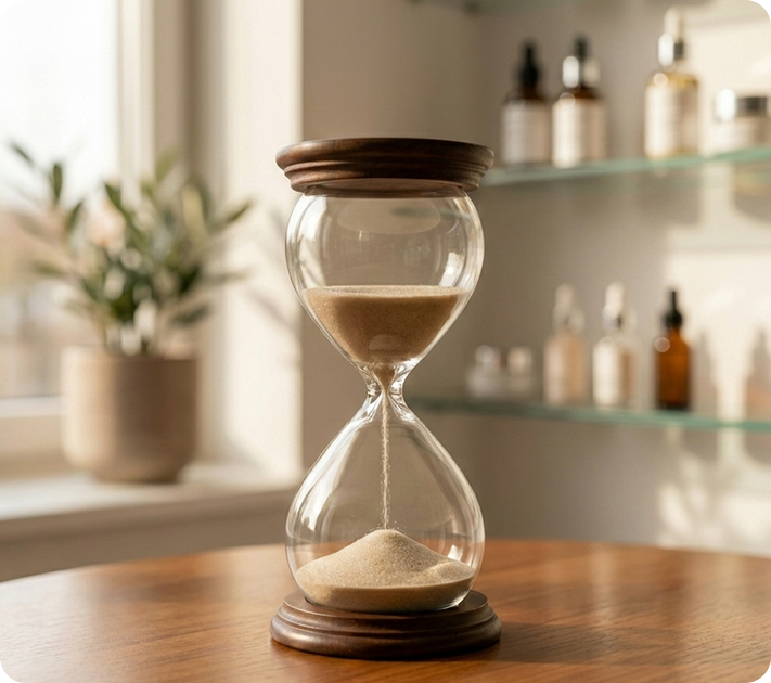 Eine hölzerne Sanduhr, die auf einem Holztisch in der Nähe eines Fensters steht; im Hintergrund sind Regale mit Flaschen und eine Topfpflanze zu sehen.