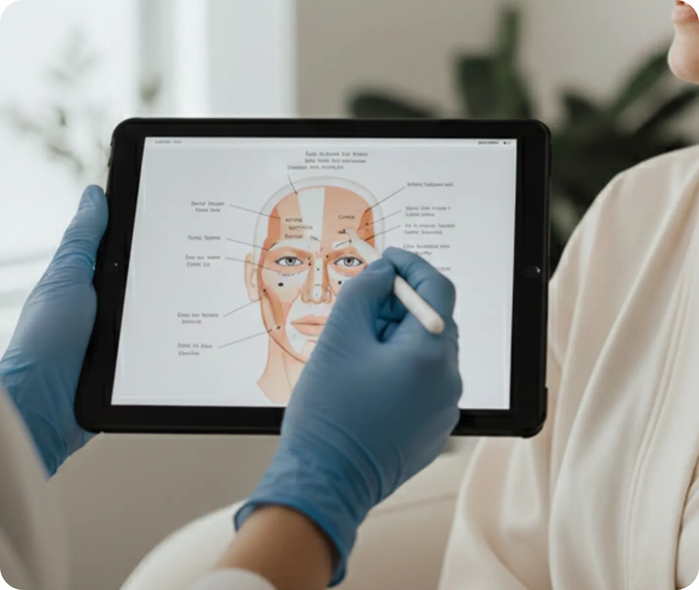 Eine Person mit blauen Handschuhen hält ein Tablet, auf dem ein Diagramm der Gesichtsanatomie abgebildet ist, und zeigt mit einem Stift auf beschriftete Bereiche des Gesichts.