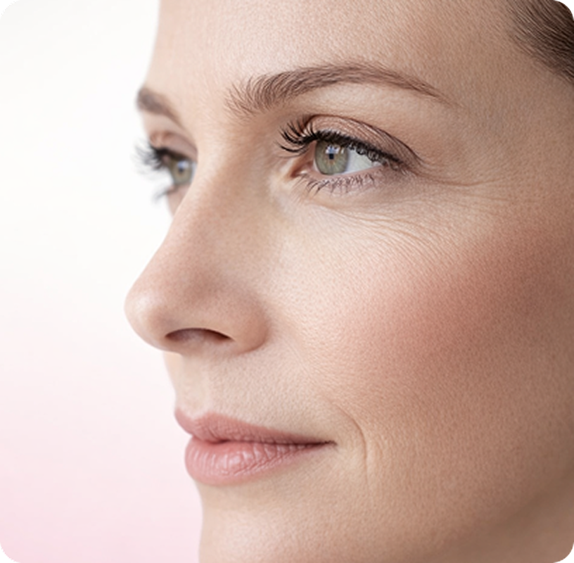 Nahaufnahme des Gesichts einer Frau im Profil mit klarer Haut, leichtem Make-up und feinen Linien um Augen und Mund.