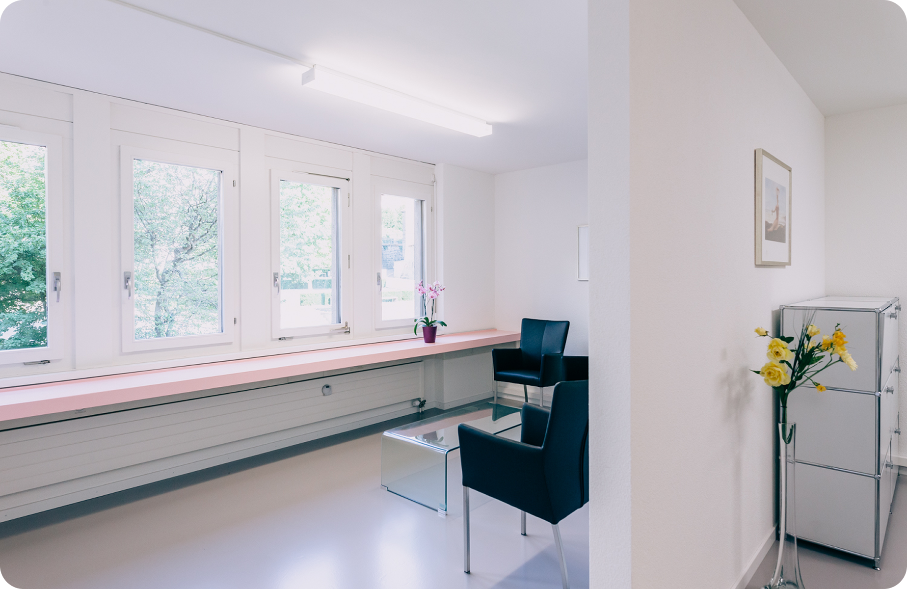 Ein minimalistisches Wartezimmer mit zwei schwarzen Stühlen, einem gläsernen Couchtisch, Blumen auf einer Vitrine, einer getopften Orchidee und großen Fenstern, die für Tageslicht sorgen.